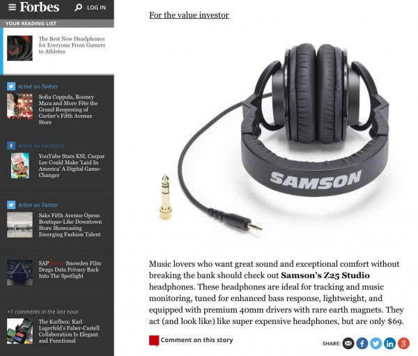 Наушники Samson Z25 в обзоре портала Forbes